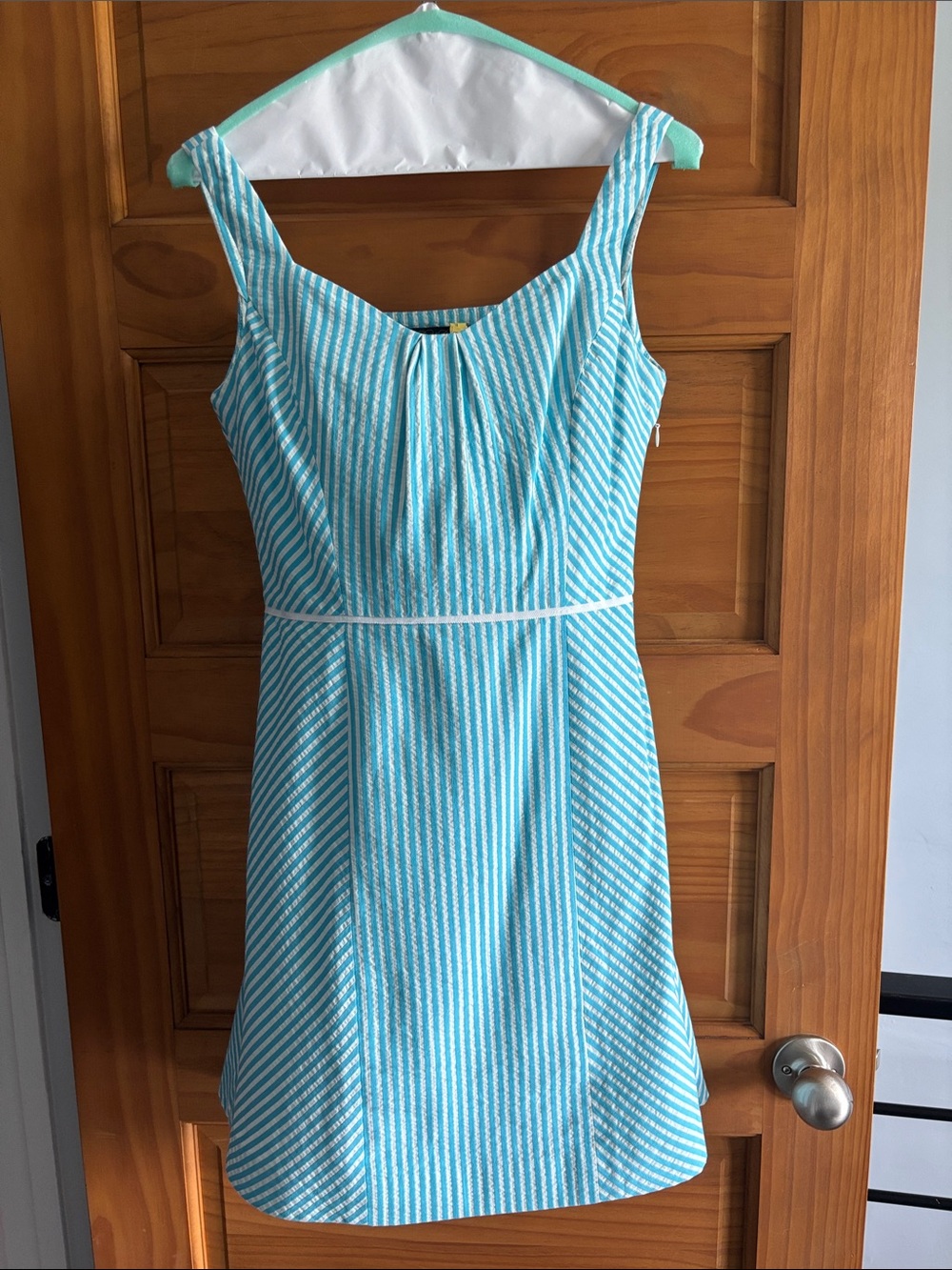Brooks Brothers Turquoise and White Seersucker Mini Dress